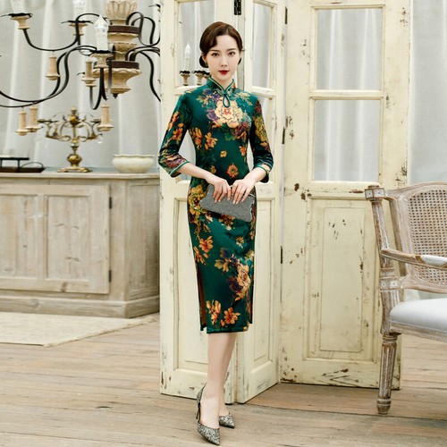Chinese Velvet Cheongsam Women Midi Dress Wedding Qipao Size M to 3XL - Bild 10 von 15