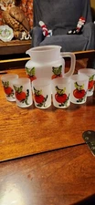 1950s Federal Frosted/Satin Glass Pitcher and 6 Glasses with Tomato Vintage.....