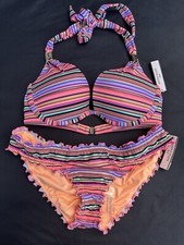 NWT Victoria's Secret Bikini Goa Neon Hottie 1Cup Halter Ruffle Cheeky 32C/XS