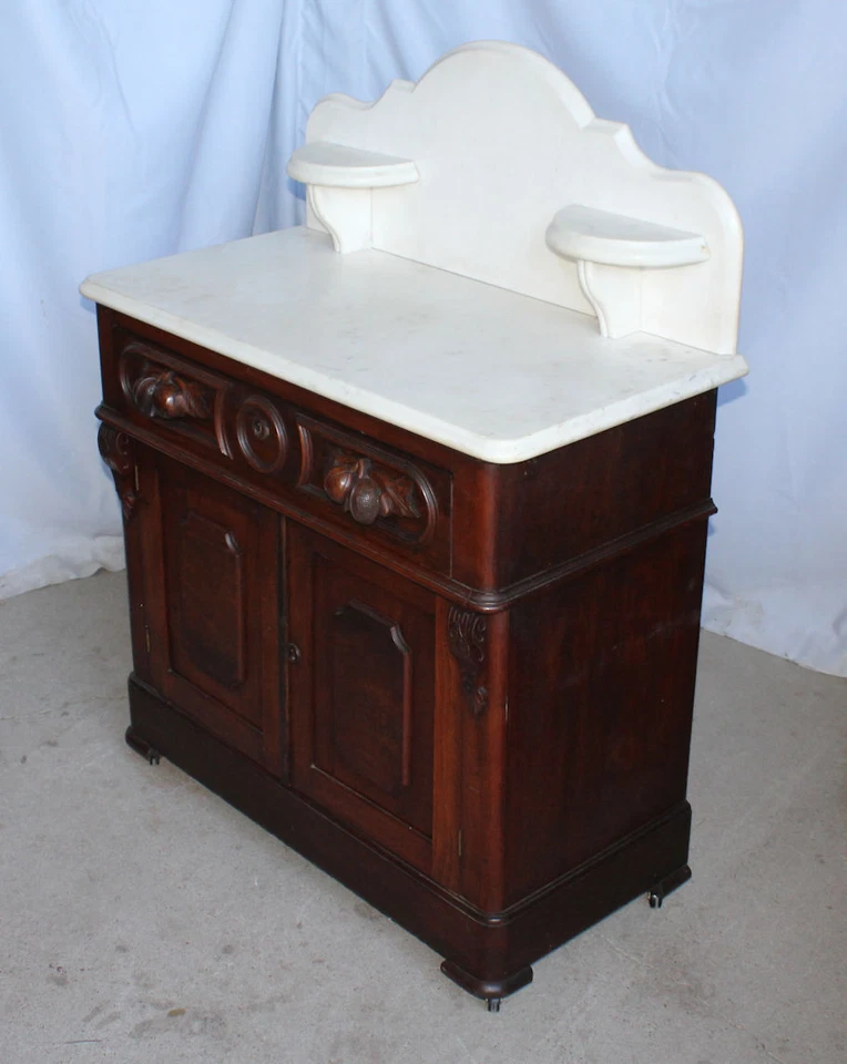 Cómoda antigua victoriana con soporte de lavado superior de mármol de nogal Foto 4 de 4