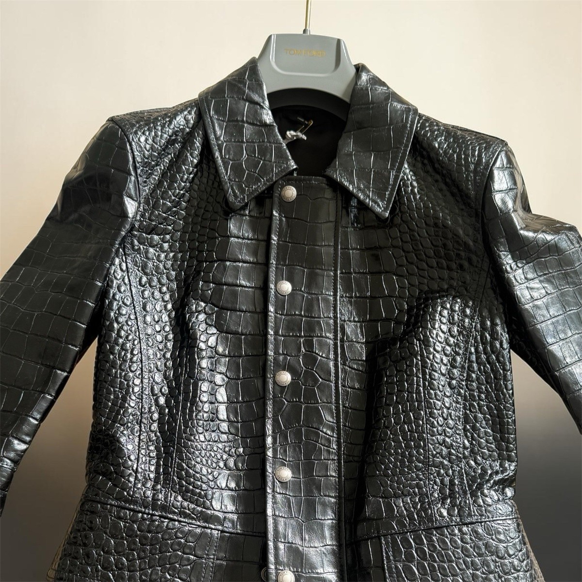 Tom Ford Crocodile Embossed Leather Collared Snap Jacket Black