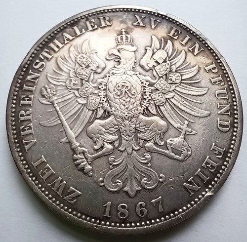 1867-C Prussia 2 Vereinsthaler Silver Coin Wilhelm I KM#496 VF/XF Details