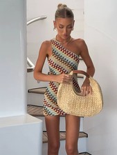 Women’s Irregular Printed Knitted Mini Dress – Backless Slanted Shoulder Slim
