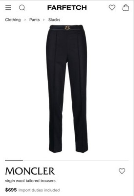 NWT Women's Moncler Navy Virgin Wool Tailored Trousers with Gold Buckle 44/8