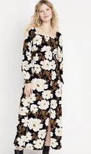 Old Navy Floral Waist Defined Square Neck Maxi Dress sz L Leg Slit Black Cream