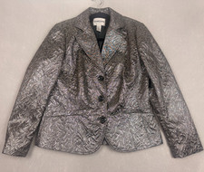 Chico's Silk Blend Blazer Jacket Size 1 Silver/Black Metallic Shiny Silver
