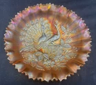WONDERFUL VINTAGE CARNIVAL MARIGOLD PEACOCKS ON THE FENCE PCE BOWL “NICE COLOR”