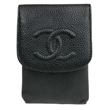 Auth CHANEL Coco Mark Cigarette Case CC Logo Caviar Skin Leather Black Pouch
