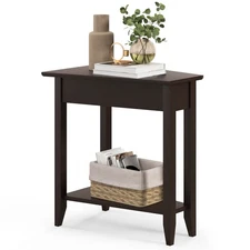 2-Tier End Table Irregular Narrow Sofa Side Nightstand w/ Storage Shelf Espresso