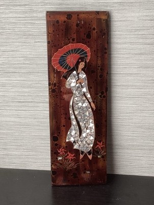 Vietnamese Lacquer Style Wood Panel w/ Mother of Pearl Woman & Parasol, 13.5'' T