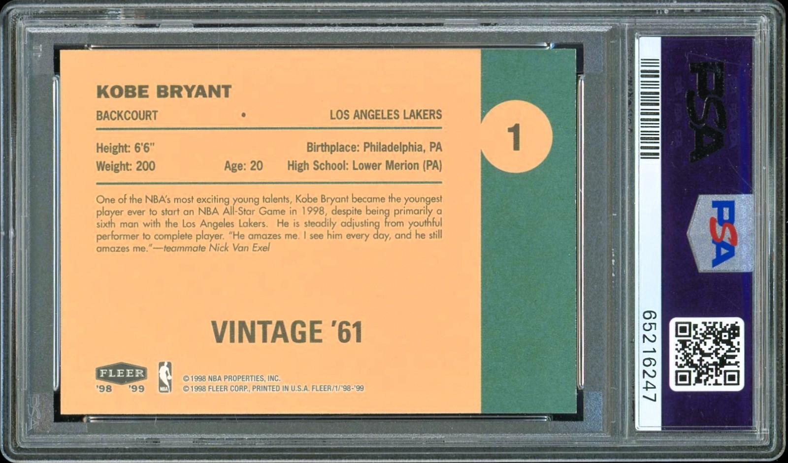 1998-99 Fleer Tradition #1 ~ VINTAGE '61 ~ Kobe Bryant vs Michael Jordan ~ PSA 9 view 2