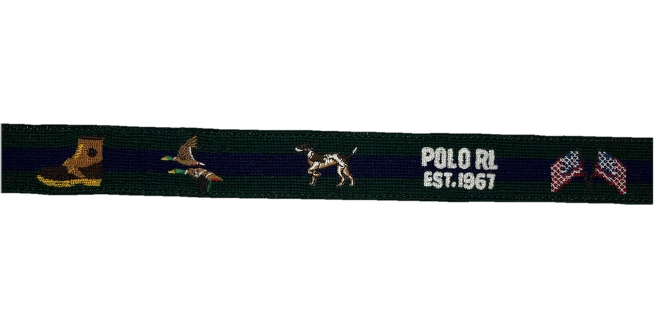 Polo Ralph Lauren Men’s 36 Green Duck Hunting Dog USA Needlepoint Belt NWT $175 - Image 2 of 4