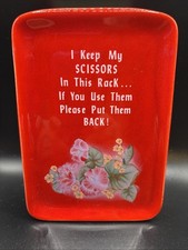 Vintage Red Ceramic Scissor Wall Pocket Floral Design Scissors Keeper Caddy READ