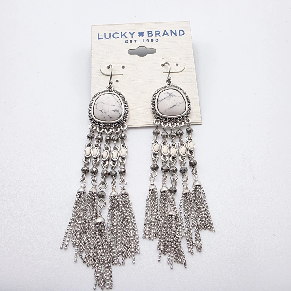 ¡Nuevo! Pendientes LUCKY BRAND Extra Largos Howlita Tono Plata Eslabones de Cadena Borlas Foto 2 de 4