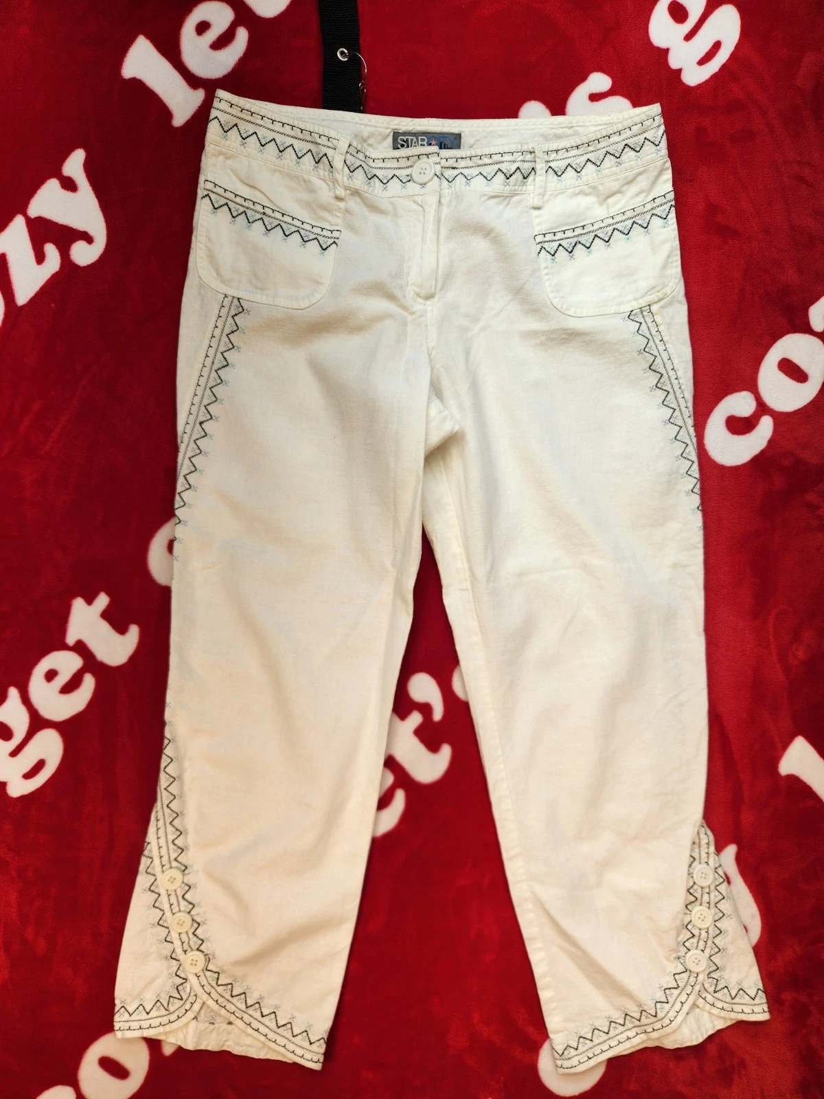 Star City Linen Blend Capri Pants Womens White Embroidered Cropped Casual