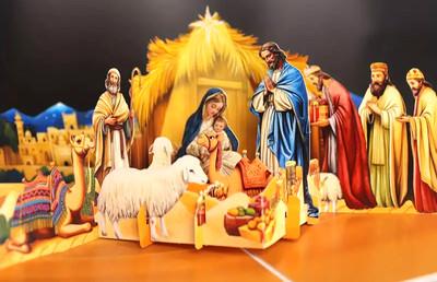 3D Pop-Up Religious Christmas Greeting Card, Env. & Seal - Nativity Scene w City