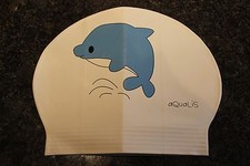 New in Bag AQUALIS Adult WHITE with BLUE DOLPHIN print Latex Swim Cap - Swimming