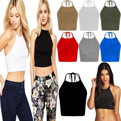 Womens new Halter Neck Tie Back Crop Top Ladies Sleeveless Cami Fancy Strap Blou