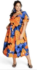 Tabitha Brown x Target Orange/Blue Floral Puff Sleeve Tie Back Midi Dress 28W/30
