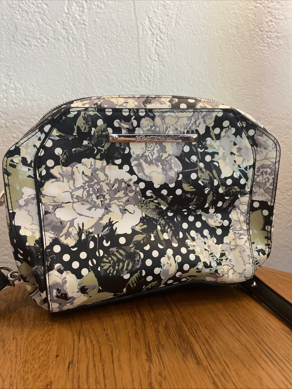 Betsey Johnson Crossbody Bag Purse Black White Polka Dot Floral
