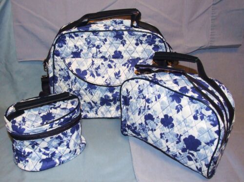 Blue Flloral Travel Toiletry/Cosmetic Bags Set - Lightweight - 3 Pc Set - NWOT - Foto 1 di 8