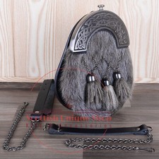 Scottish Handmade 100 Real Black Cow Hide Leather Full Dress Kilt Sporran