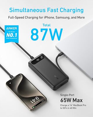 スマホアクセサリー Anker Power Bank 20000mAh 87W USB-C Anker 3-Port 87W Power Bank 20000mAh Built-in USB-C Cable for