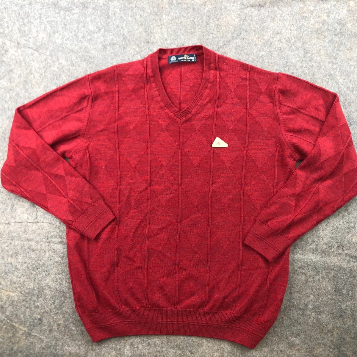 Monte Carlo Sweatshirt Mens Large 44 Red Ribbed Knit V Neck Wool - Main Image