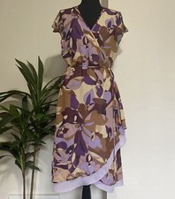 Express Sz 13/14 Y2K Silk Wrap Dress Purple Tan Geometric Flutter Sleeve Midi