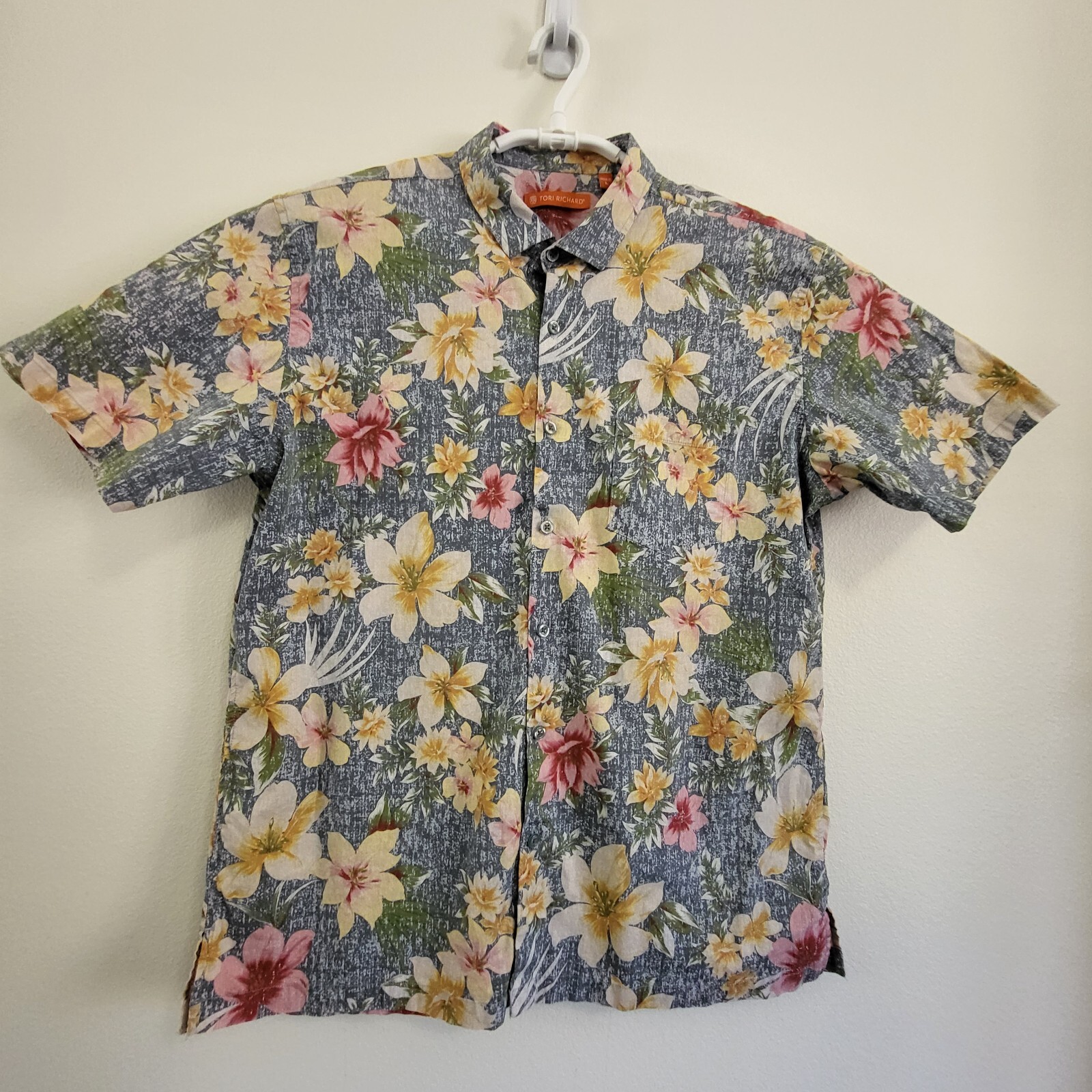 Tori Richard Hawaiian Aloha Shirt Mens Large Blue Floral Cotton Spandex