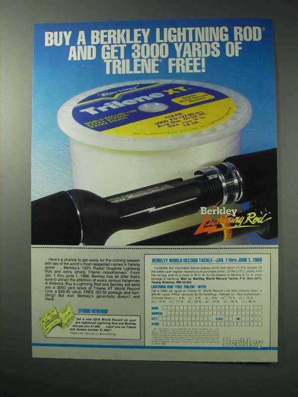 1986 Berkley Trilene XT Fishing Line & Lightning Rod Ad eBay