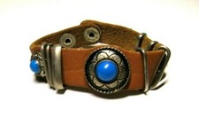 VTG Boho Festival Leather Bracelet Silver-tone Blue Stone Snap Closure