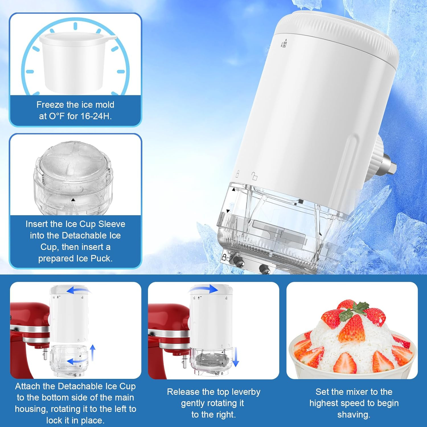 Shaved Ice Attachment for Kitchenaid Stand Mixers with 8 Ice Molds, Ice Shaver A