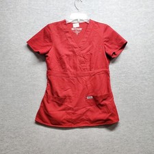 Grey's Anatomy Women Scrub Top XS Red Pockets Faux Wrap Short Sleeve V Neck