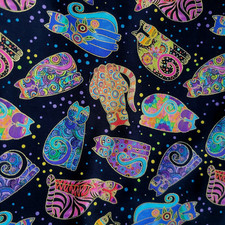 Tossed Cats w/ Gold on Black Cotton - Fantasticats by Laurel Burch LAST 29"