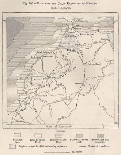 Routes of the chief explorers in Marocco. Morocco 1885 old antique map chart
