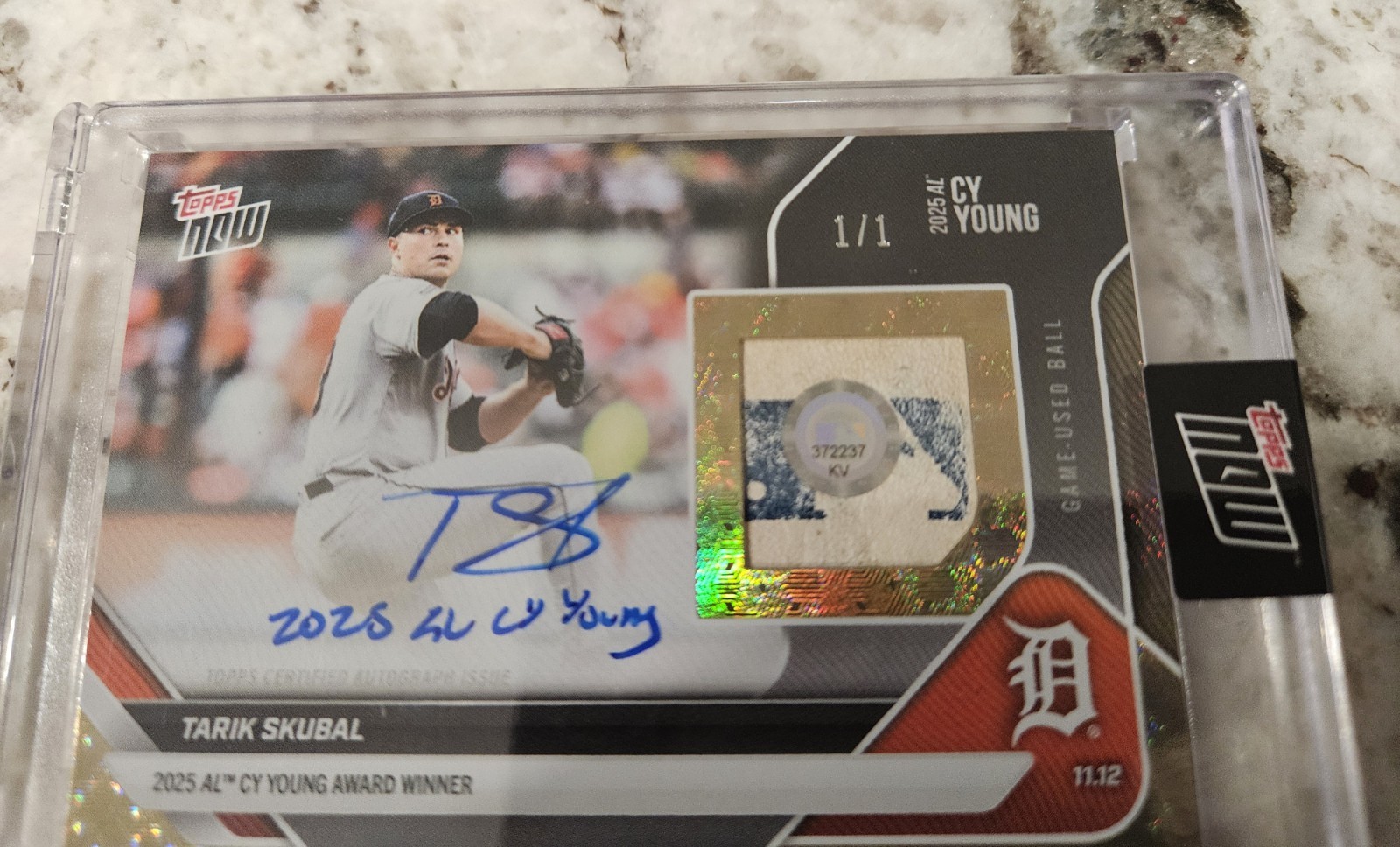 Tarik Skubal Topps Now 2025 CY YOUNG Autograph BALL Relic 1/1 SUPERFRACTOR OS-5 view 2