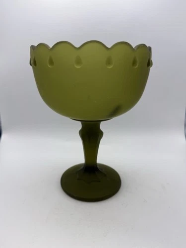 Vintage Indiana Glass Green Frosted Stemmed Pedestal Bowl USA