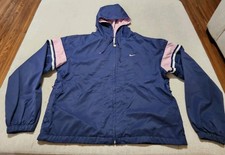 Vintage Nike Windbreaker Jacket Girls L 12-14 Navy Pink Y2K Hooded Swoosh