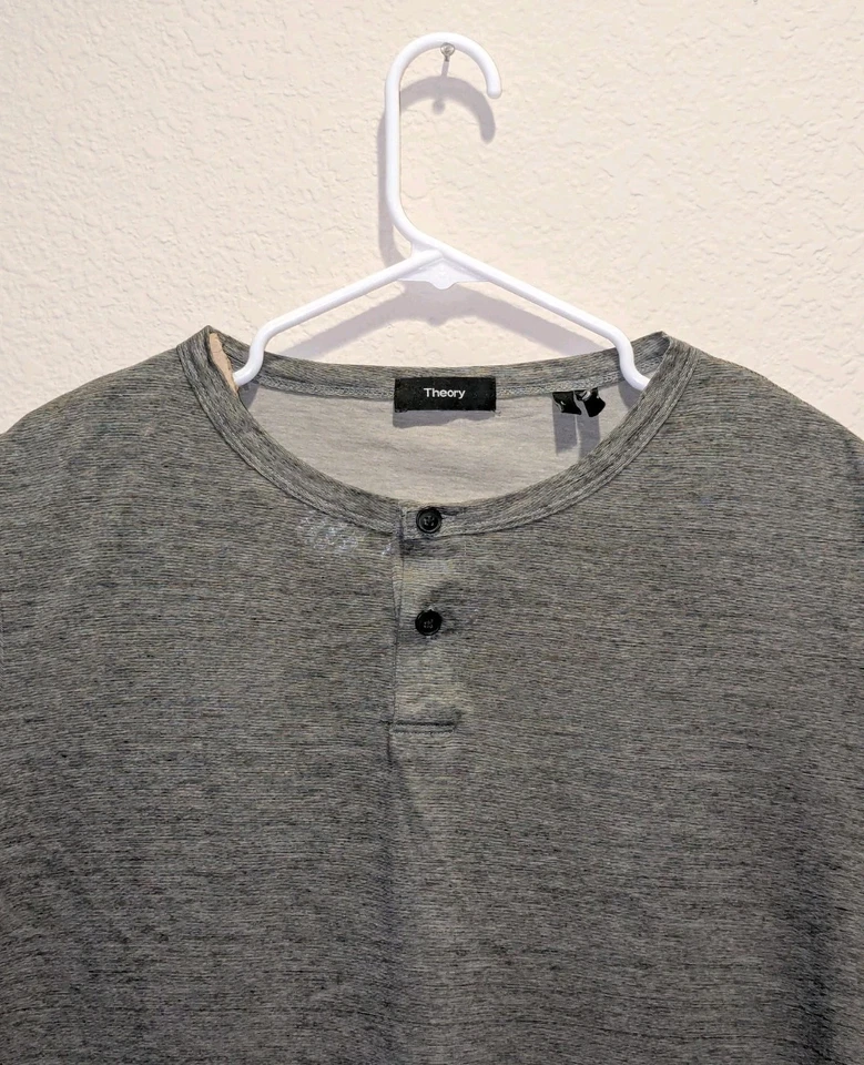 Theory Gaskell H Kornati Henley Mens Pima Cotton SS Gray Microstripe Button Up L - Image 2 of 4