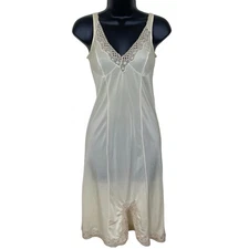 Vintage Beckil Cream Nylon Lace Slip Dress 41 Babydoll Slit 60s 70s Lingerie