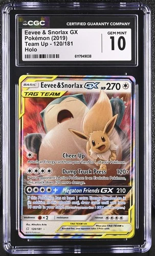 CGC 10 GEM MINT Eevee & Snorlax GX 2019 Team Up 120/181 Holo Pokemon Card