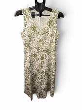 Tahari Linen Blend Midi Dress XS Green Botanical Leaf Print Sleeveless Pockets