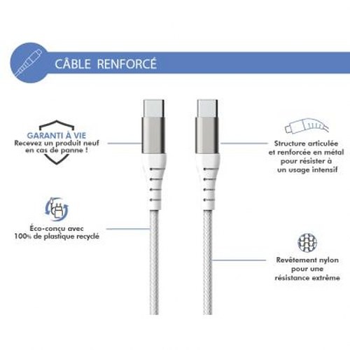 Câble USB C vers USB C Force Power 1m2 flexible 60W pour smartphone et PC