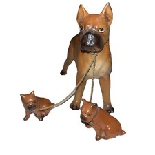 VINTAGE WALES JAPAN PORCELAIN BOXER DOG W/PUPPIES ON CHAINS FIGURINE SET MCM