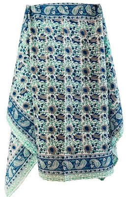 Green Floral Handblock Printed 100% Cotton Beach Coverup Pareo Sarong for Women