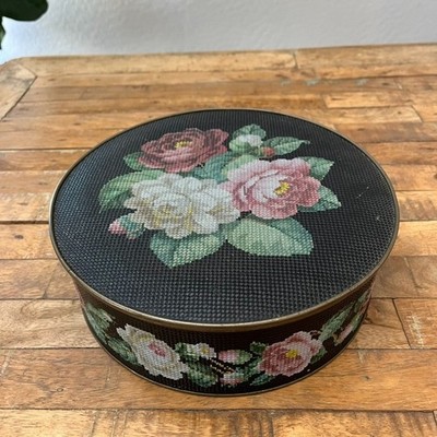 Sunshine Biscuit Tin Sewing Box Textured Rose Needlepoint Container 10''