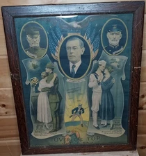 Vintage WWI Over The Top Woodrow Wilson Framed Poster Print Uncle Sam 1918