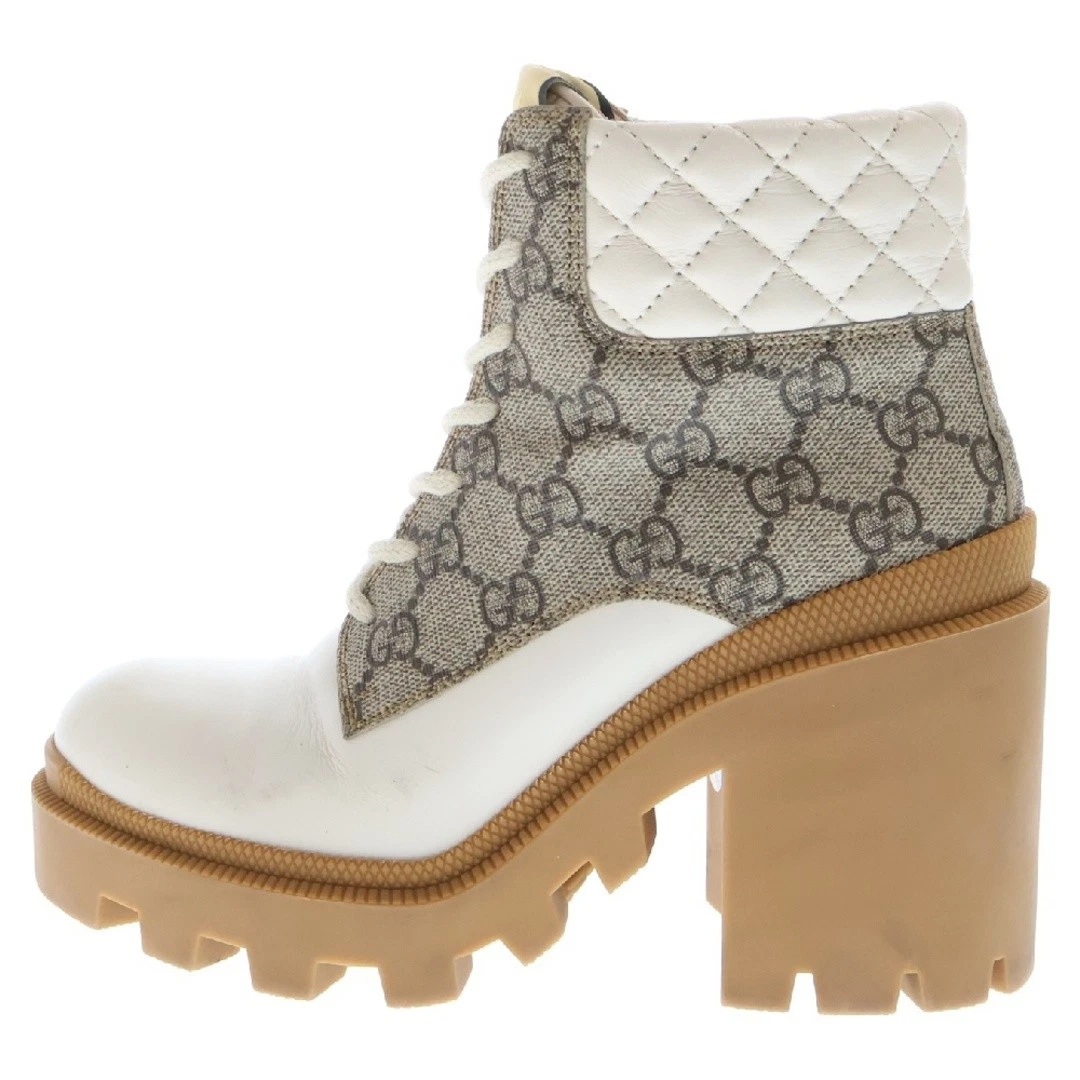 Gucci GG Supreme Bottines Cuir x PVC Blanc Beige 659691 Talon Haut Occasion 99a