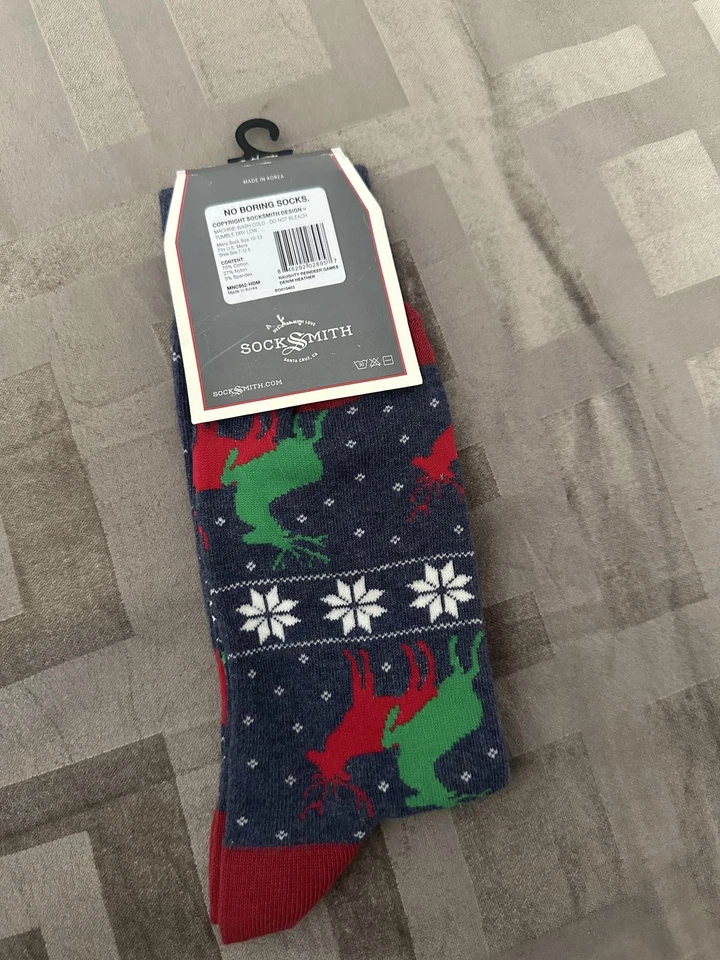 Socksmith 袜子男式均码蓝色圣诞驯鹿雪花棉船员 — 第 4/4 张图片